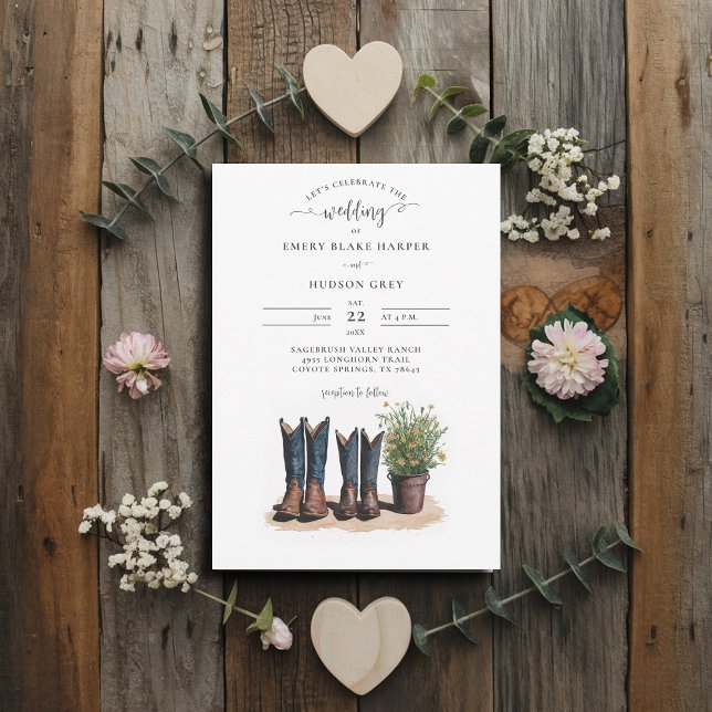Convite País Sr. Cowboy Boots Wildflower Wedding (country wedding invitation rustic western barn chic modern watercolor cowboy boots watercolor)