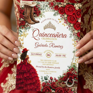 Convite País Western Rosas Vermelhas Douradas Quinceañera