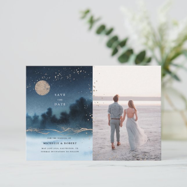 Convite Paisagem Azul Noite Duas Fotografias Salvar A Data (Em pé/Frente)