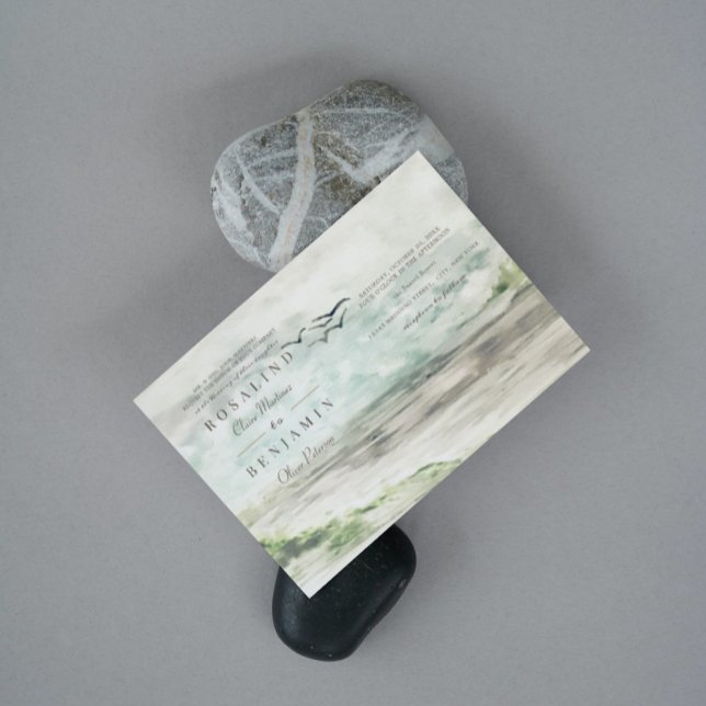 Convite Paisagem de Aquarela Romântica 3 Fotos Casamento (Criador carregado)