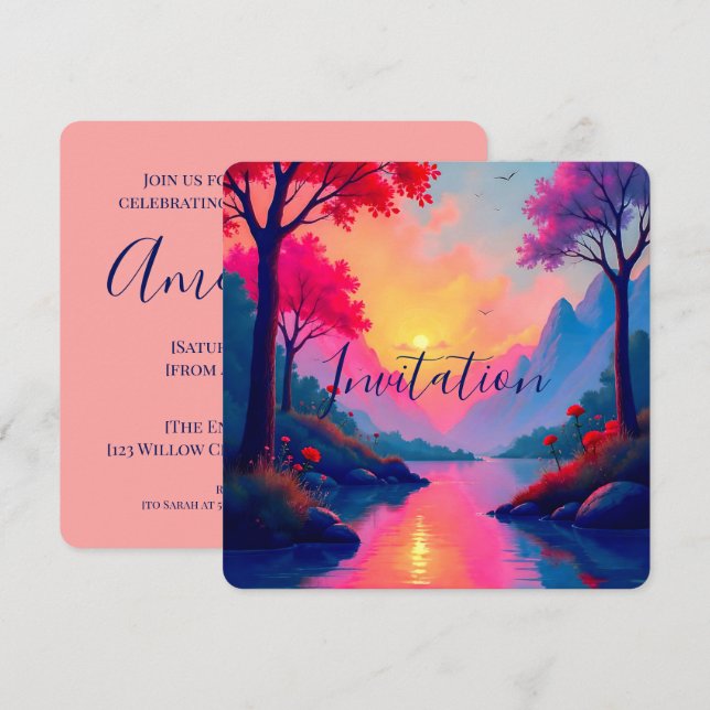 Convite Paisagem de Fantasia Sonhadora de Pôr do Sol Rosa  (Frente/Verso)