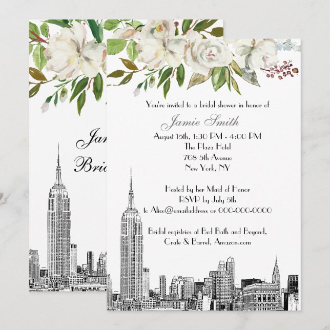 Convite Paisagem de NYC Casamento Floral Branco Etch Chá d (Frente/Verso)