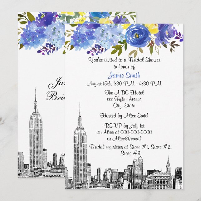 Convite Paisagem de NYC ESB Etch Azul Amarelo Floral Chá d (Frente/Verso)