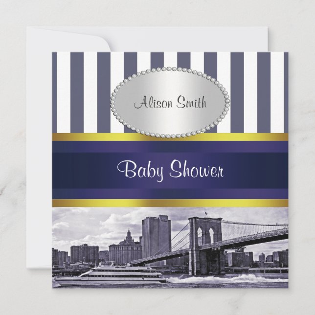 Convite Paisagem de NYC Ponte de Brooklyn Azul Branco Chuv (Frente)