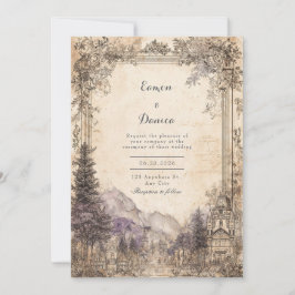Convite Paisagem Montanhosa Europeia Vintage para Casament