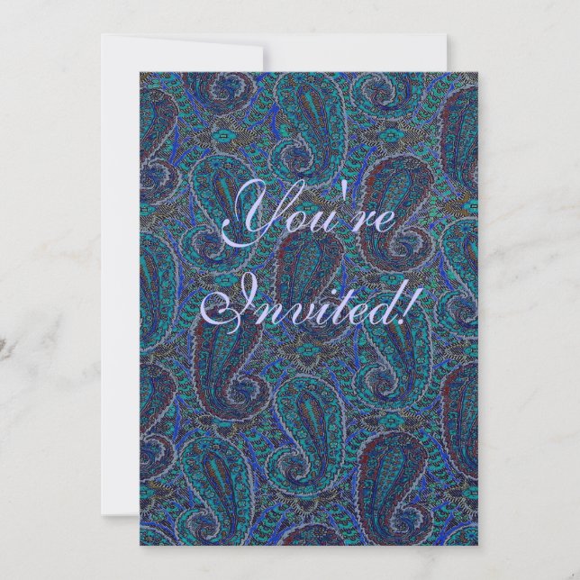 Convite Paisley Azul Indiano Boho Clássico Vintage (Frente)