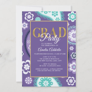 Convite Paisley Dourado de Teal Roxo da Festa de formatura