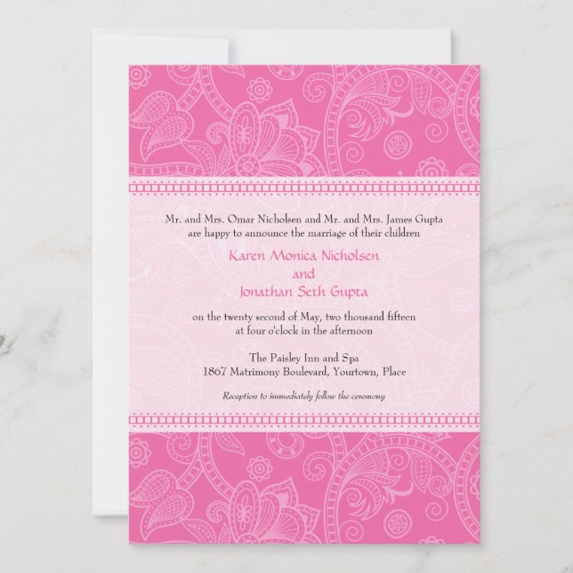 Convite Paisley Impression in Pink Weding Invitation (Frente)