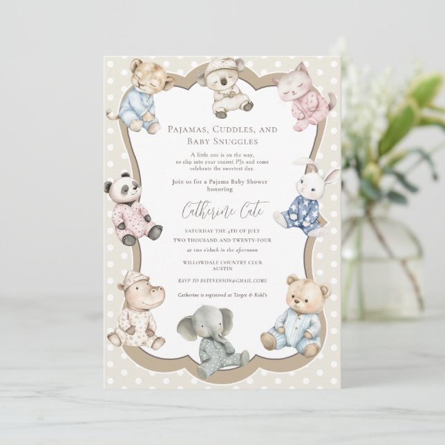 Convite Pajama Party Animal Theme Baby Shower  (Em pé/Frente)