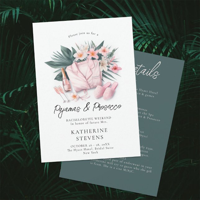 Convite Pajamas Prosecco Bachelorette Tropical 3 Itinerári (pajamas prosecco bachelorette itinerary invitation champagne tropical floral botanical lingerie pj)