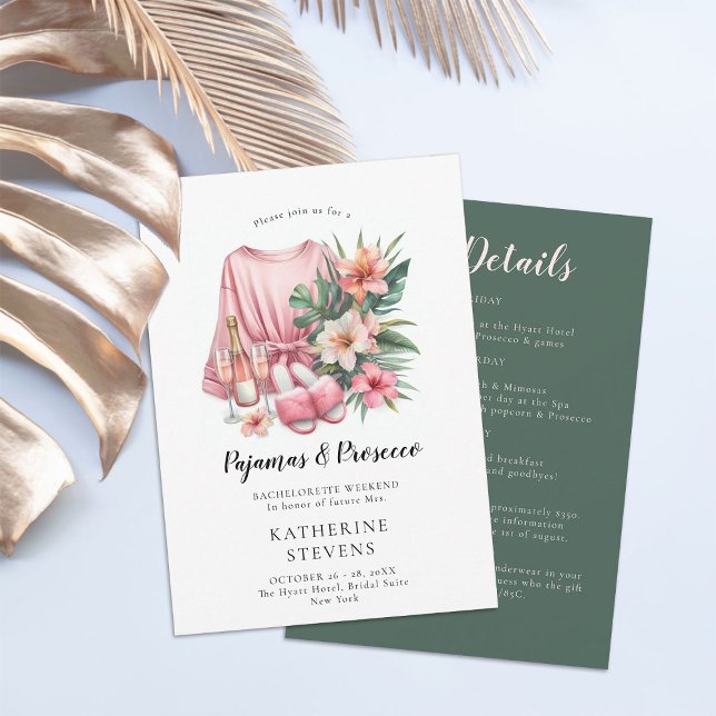 Convite Pajamas Prosecco Bachelorette Tropical Itinerária (pajamas prosecco bachelorette itinerary invitation champagne tropical greenery lingerie pj classy)