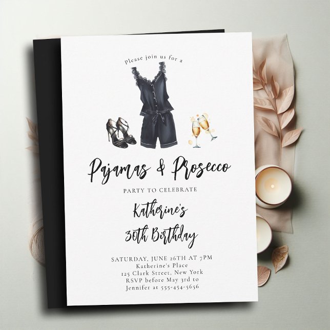 Convite Pajamas Prosecco PJ Partido Black Chic aniversário (pajamas and prosecco 30th birthday invitation adult pj party slumber elegant black robe stilettos)