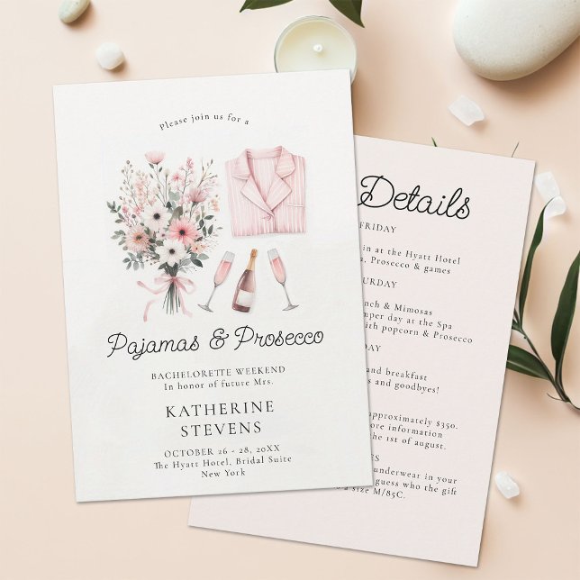 Convite Pajamas Prosecco Wild Flora Bachelorette Itinerári (pajamas prosecco bachelorette itinerary invitation champagne wildflowers lingerie pj elegant classy )