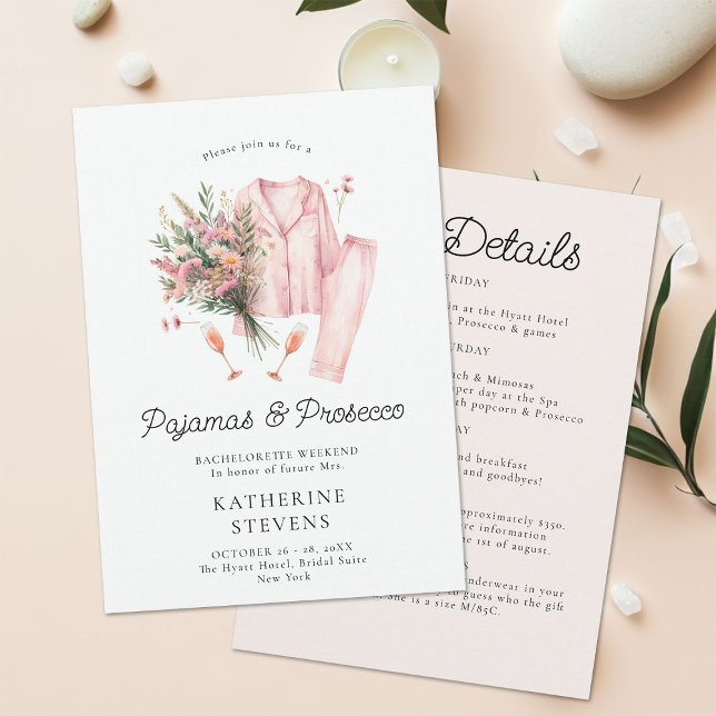 Convite Pajamas Prosecco Wildflower Bachelorette Itinerary (pajamas prosecco bachelorette itinerary invitation champagne wildflowers lingerie pj elegant classy )