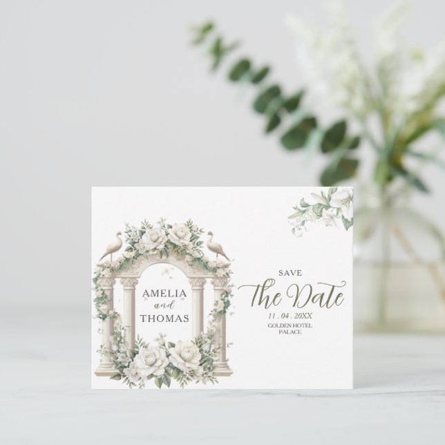 Convite Palácio Elegante com Folhagem Save the Date (Em pé/Frente)