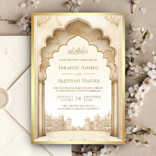 Convite Palácio Islâmico Rústico Marfim Dourado Casamento 