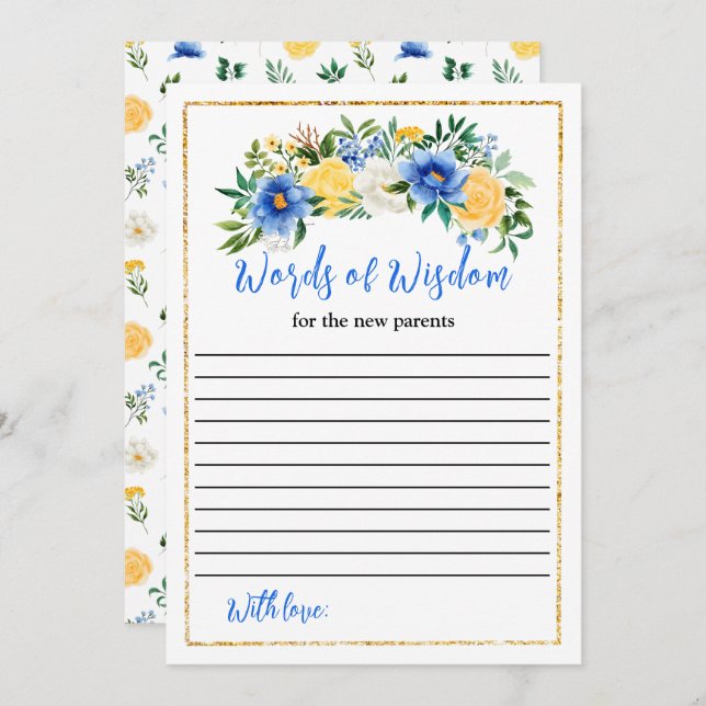 Convite Palavras Chás de fraldas Florais Azuis e Amarelas  (Frente/Verso)