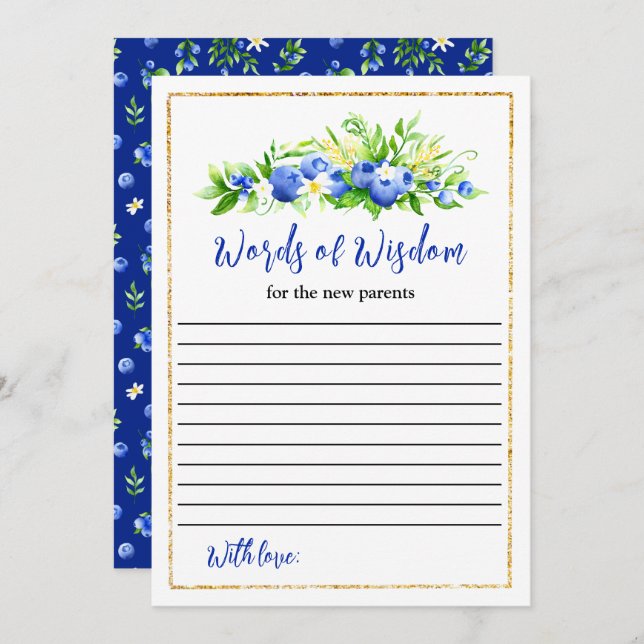 Convite Palavras De Chá de fraldas De Sabedoria De Blueber (Frente/Verso)
