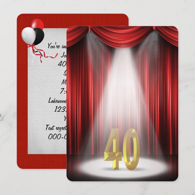 Convite Palco com holofote de aniversário de 40 anos (Frente/Verso)