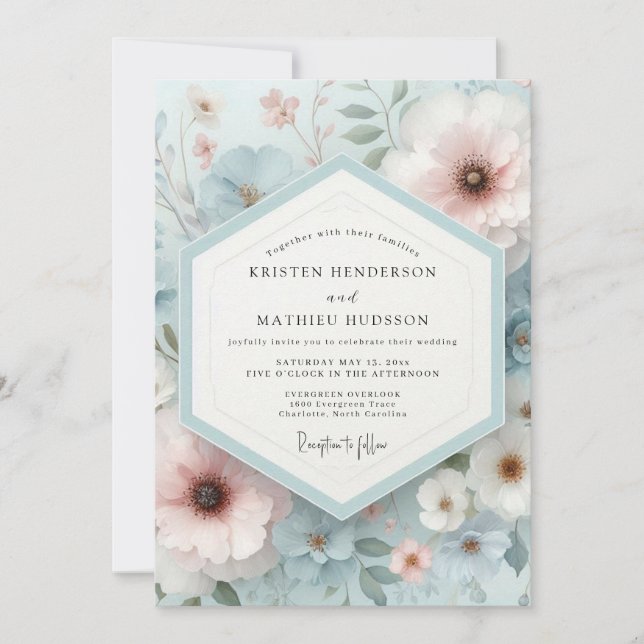 Convite Pale Blue Floral Dream Wedding (Frente)