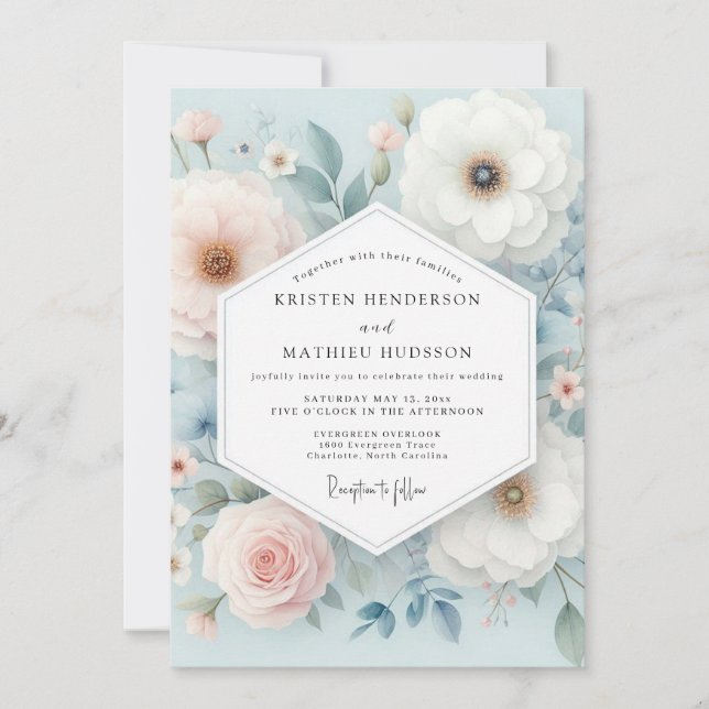 Convite Pale Blue Floral Whimsy Wedding (Frente)