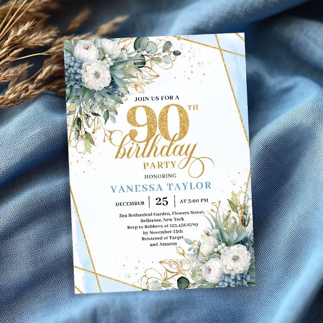 Convite Pale blue gold leaves soft chic 90th birthday  (Pale blue gold leaves soft chic 90th birthday invitation)