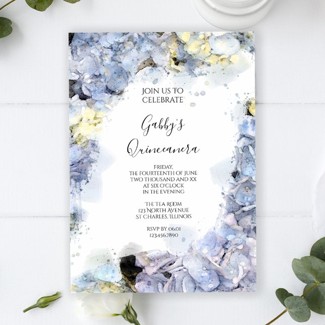 Convite Pale Blue Hydrangea Watercolor Quinceanera Party (Criador carregado)