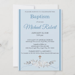 Convite Pale Blue Stripe Floral Watercolor Cross Baptism