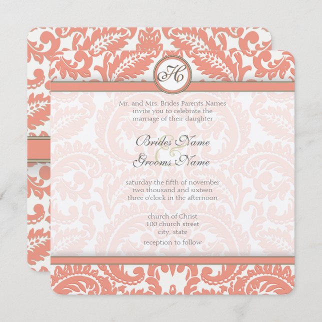 Convite Pale Coral & Gray Damask  Wedding Invitations (Frente/Verso)