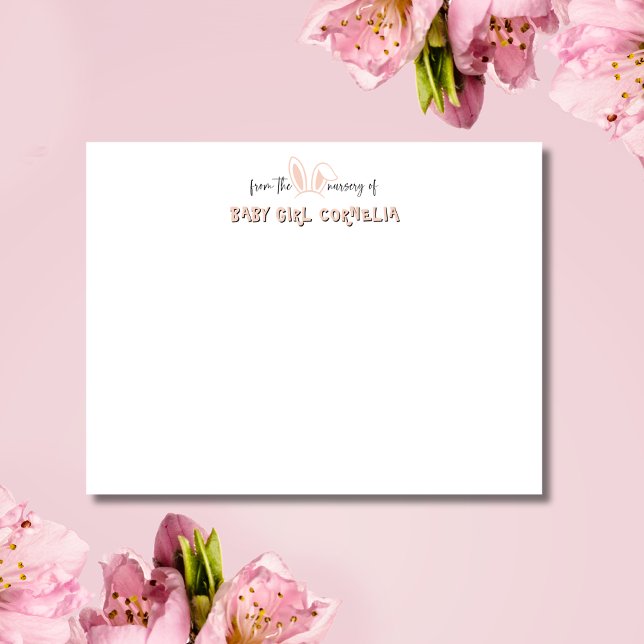 Convite Pale Pink Bunny Ears Nursery Stationery Note Card (Criador carregado)