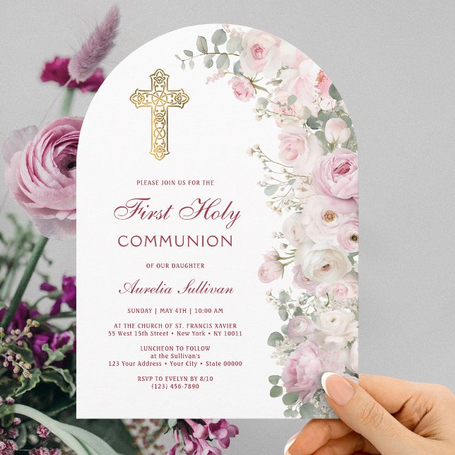 Convite Pale Pink Flowers Arch First Communion Invitation (Criador carregado)