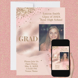 Convite Pale Pink Gold Glitter Photo Graduation
