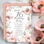 Convite Pale Pink Poppies Floral Sweet 16 Birthday Party<br><div class="desc">Elegant pale pink poppies floral design "Sweet 16 Birthday Party" design featuring a floral frame of pale pink poppies on a white background.</div>