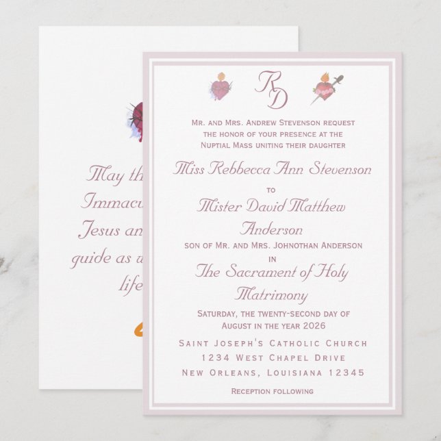 Convite Pale PinkTwo Hearts Catholic Wedding Invitation (Frente/Verso)