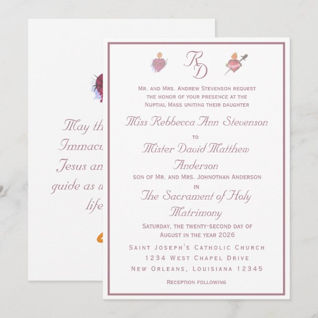 Convite Pale PinkTwo Hearts Catholic Wedding Invitation (Frente/Verso)
