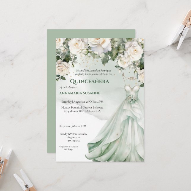 Convite Pale Sage Green Floral Quinceañera Ball Gown |  I (Frente/Verso In Situ)