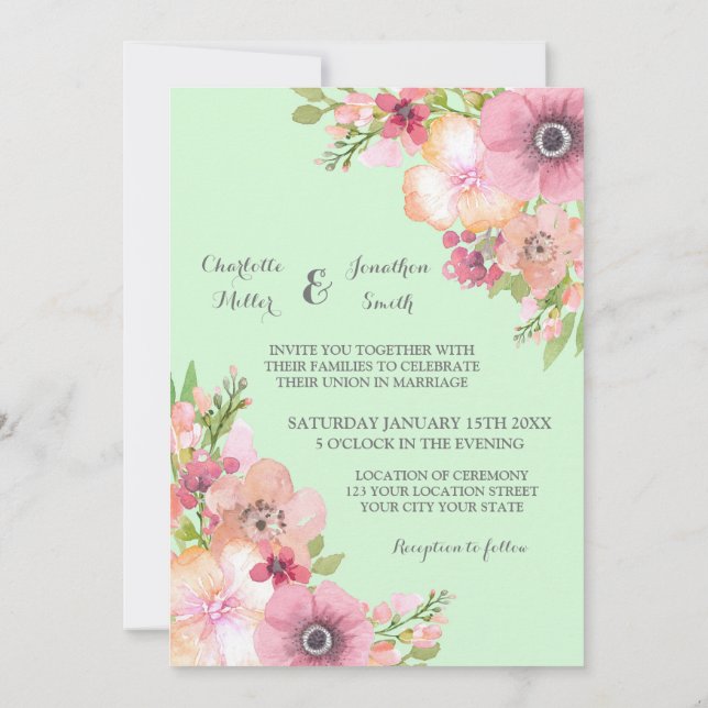 Convite Palhaços de Casamento de Flores Rosa Russas Mint V (Verso)