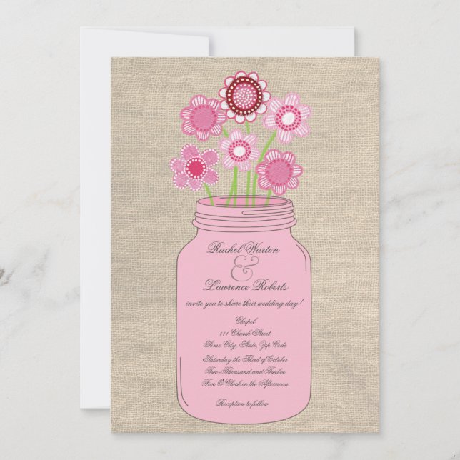 Convite Palhaços Rosa Mason Jar Flores & Burlap Weditation (Frente)