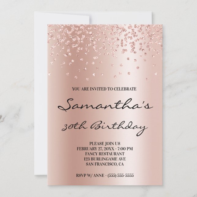 Convite Pálido Rosa Dourado Glitter Confete com Efeito Omb (Frente)