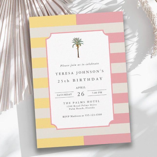 Convite Palm Beach Pastel Stripe Tropical 25th Birthday (Available in both printed and instant download digital formats.)