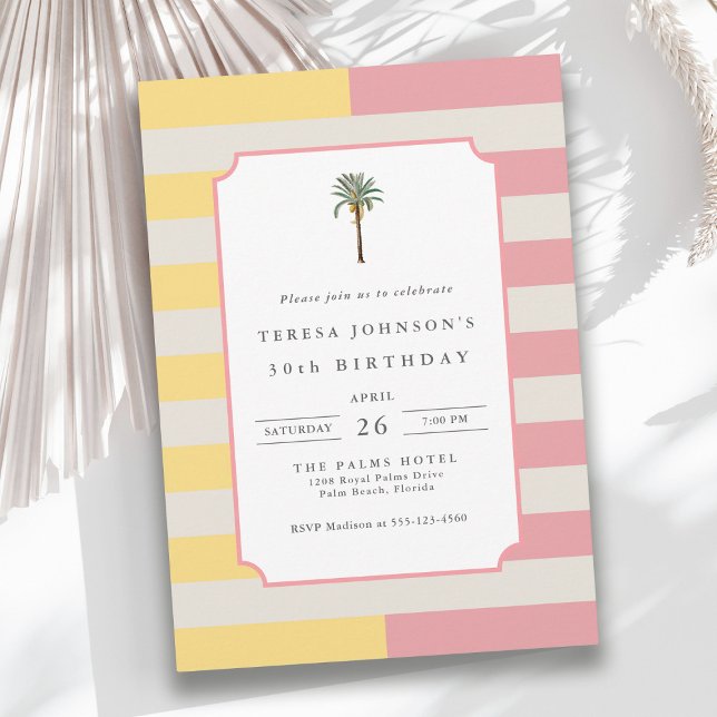 Convite Palm Beach Pastel Stripe Tropical 30th Birthday (Available in both printed and instant download digital formats.)
