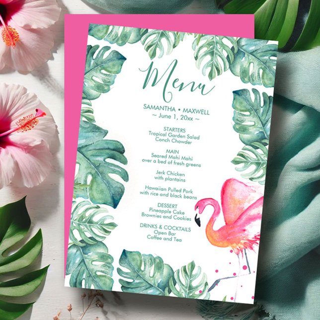 Convite Palm De Aquarela Deixa O Menu Tropical Flamingo Ro (tropical destination wedding pink flamingo and palm leaf menu cards watercolor Victoria Grigaliunas)