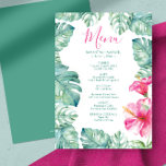Convite Palm De Aquarela Deixa O Menu Tropical Rosa Hibisc<br><div class="desc">Este hibisco rosa e a palma da monstera deixam o cardápio de configuração de lugar jante é perfeito para um aniversário e festas de formatura de temas tropicais. O design apresenta a minha cor d'água original, verdes botânicos e trabalho de arte floral. A tipografia é definida em uma escrita à...</div>