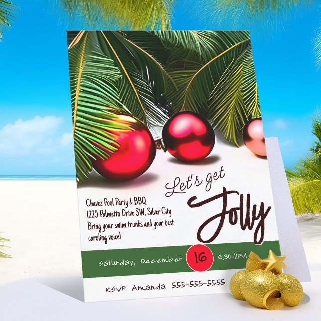 Convite Palm de Natal Torre de Jolly Red Ornaments Tropica (Jolly tropical Christmas palm tree party invitation)