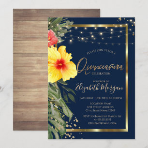 Convite Palm Leaf Hibiscus,Luzes,Madeira,Frame Quinceanera