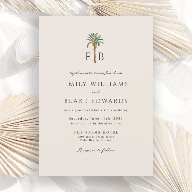 Convite Palm Logo Elegant Tropical Monogram Wedding (Criador carregado)