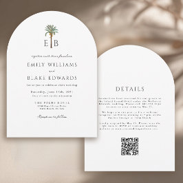 Convite Palm Monogram Elegant Arch Tropical Wedding QRCode