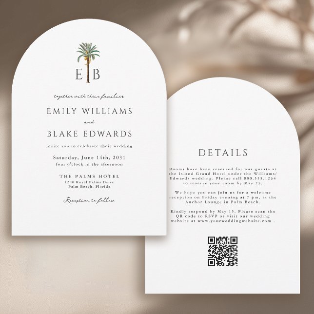 Convite Palm Monogram Elegant Arch Tropical Wedding QRCode (Criador carregado)