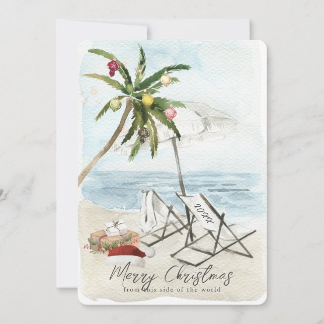 Convite Palm Tree & Beach Chairs Tropical Holiday Card (Frente)