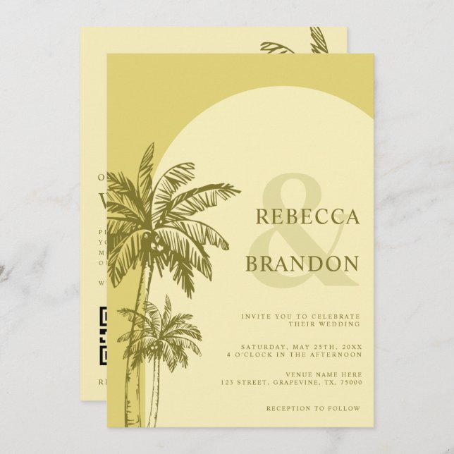 Convite Palm Tree Boho Beach Yellow QR Code Wedding (Frente/Verso)